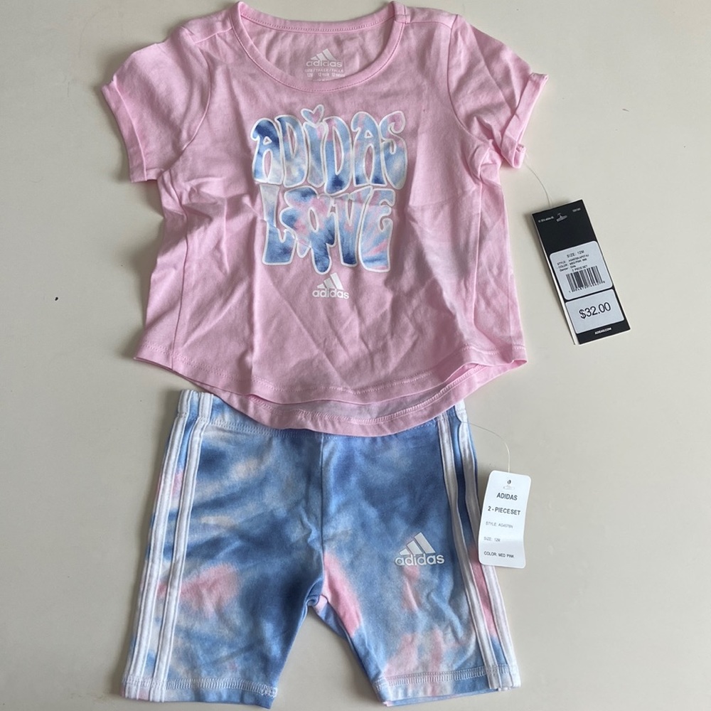 Adidas, short sleeve and shorts, girls, pink and tie-dye set size 12 months